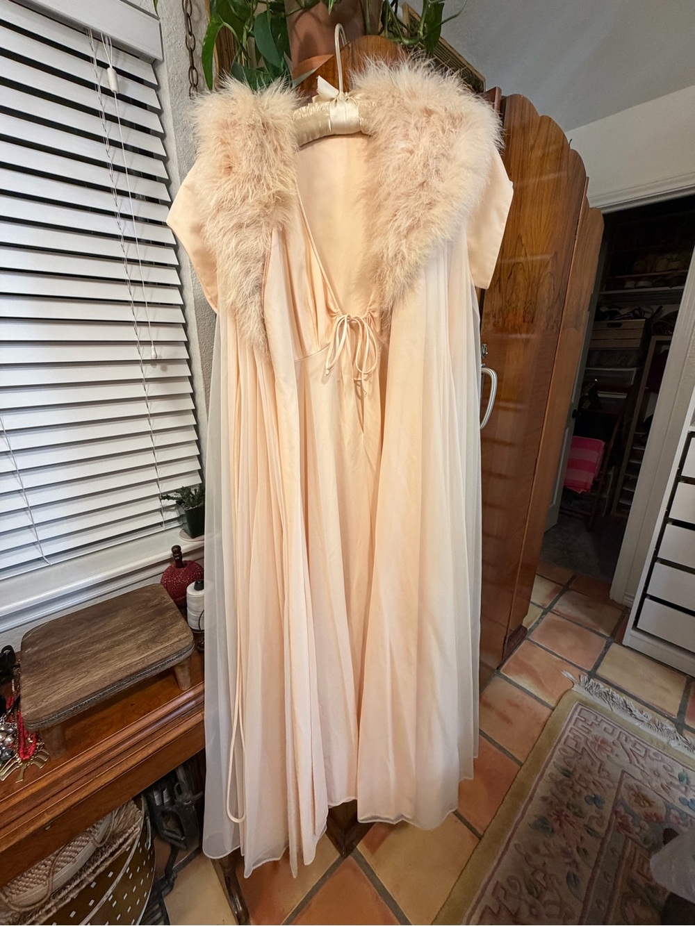 Vintage Peach Peignoir Nightgown & Sheer Feather-Trim Robe Set
